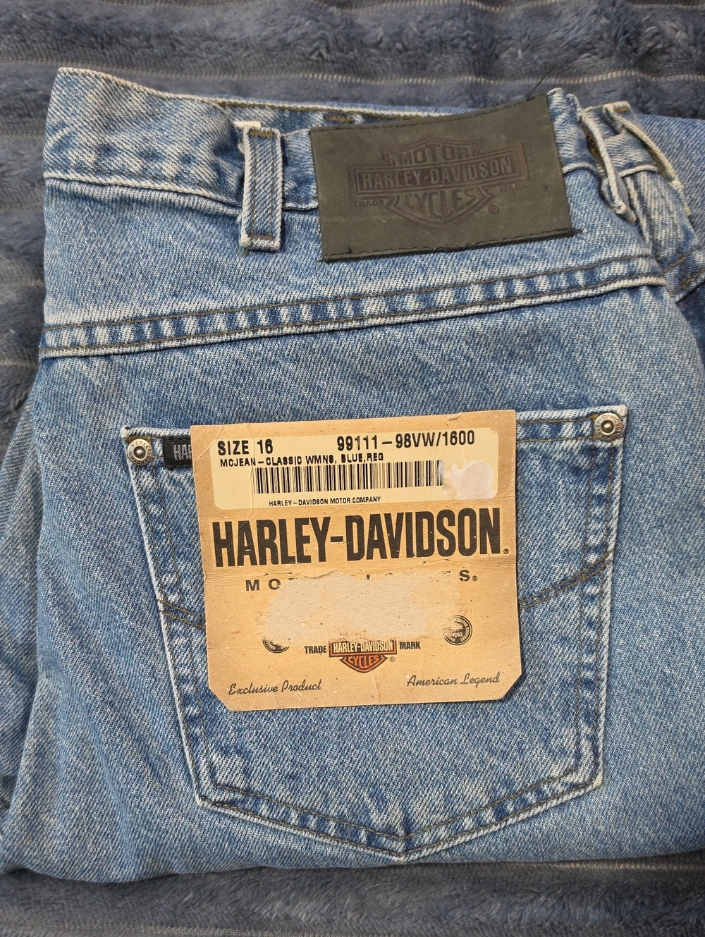 Nwt Harley-Davidson Blue Relaxed Jeans with Back Pocket Patch 34x32 Size 16 Wome